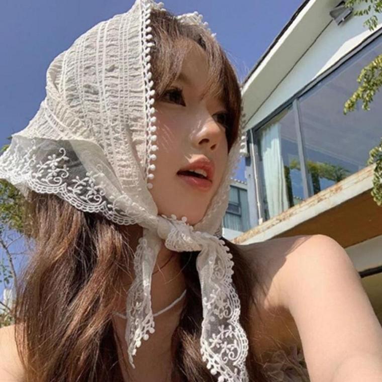 여자 레이스 자수 삼각 두건 머플러 화이트 1P 머리 반다나 커치프