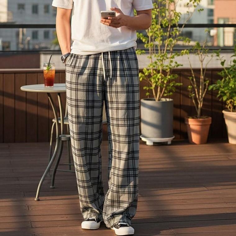 남성 여성 부드러운 체크 패턴 허리밴딩 끈 홈웨어 간편 외출 긴 바지