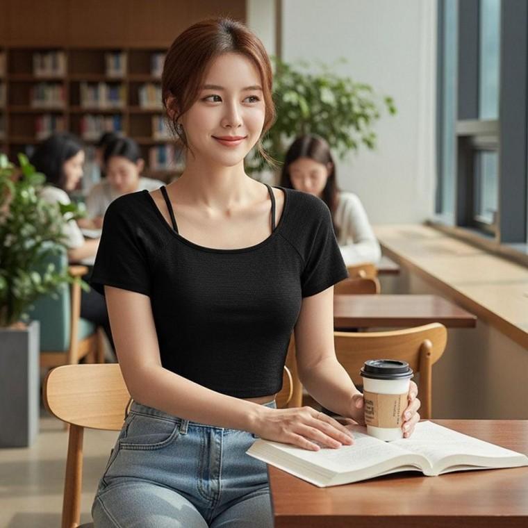 프랍스 슬림핏 부드러운 브라캡 크롭 반팔티