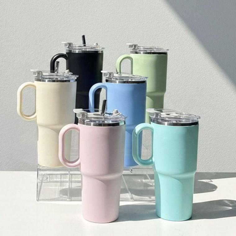 손잡이 스텐 편리 사무실 머그컵 텀블러 빨대포함 600ml