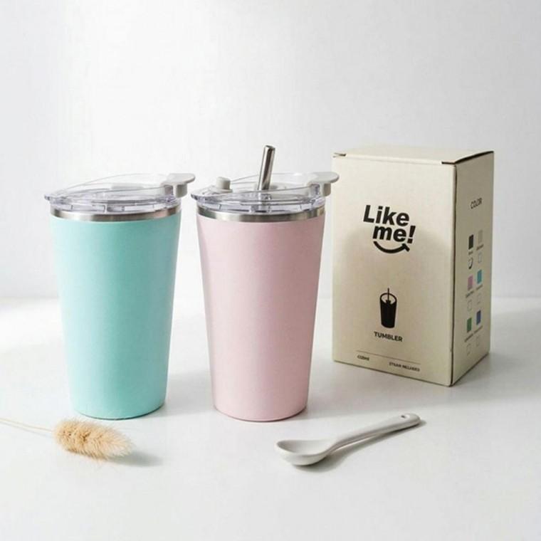 6컬러 스텐 깔끔 머그컵 빨대 텀블러 사무실텀블러 420ML