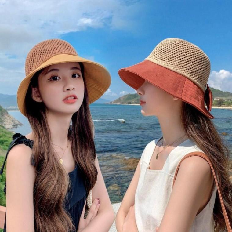 바캉스 모자 여성 여름 빅리본 메쉬 짜임 컬러 버킷햇
