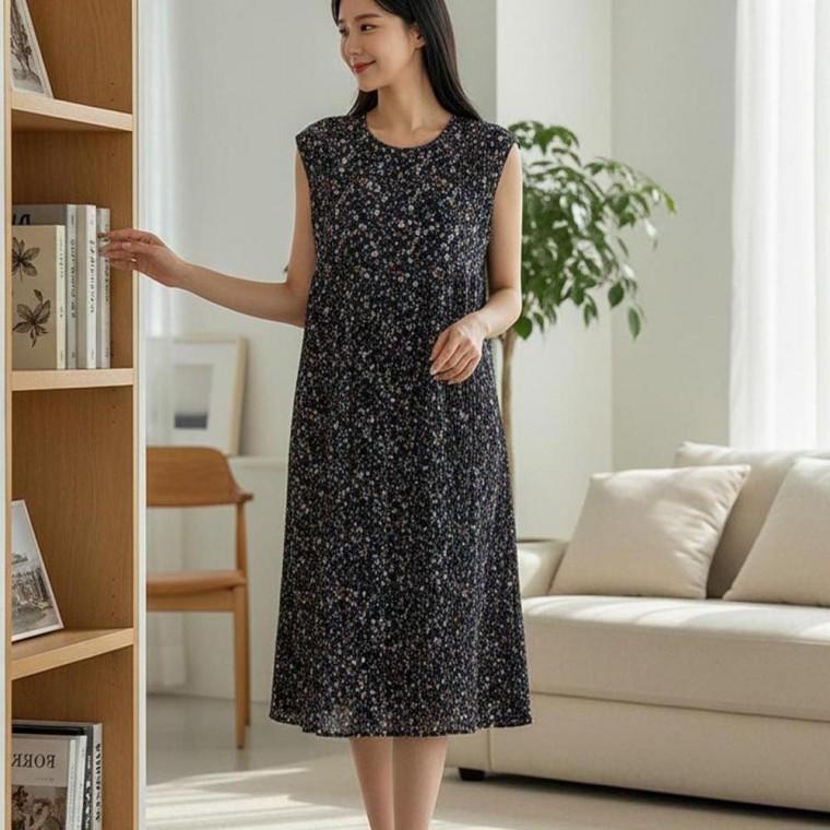 여성 실내 간편 외출 홈웨어 내추럴 디자인 플라워 패선 반팔 주름 원피스