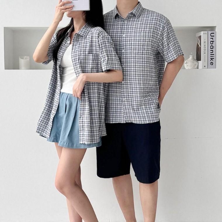 여름셔츠 남녀 카라 1P 셔츠 커플남방 커플셔츠 소라 시원한 소라체크셔츠 반팔 체크 여름 남방