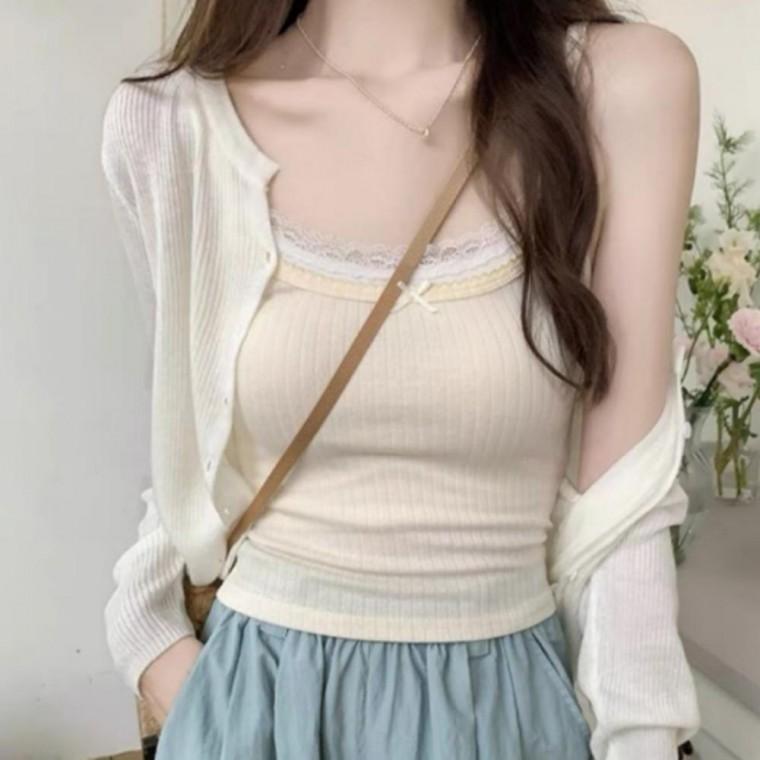여성 레이스 민소매 티셔츠 리본 포인트 레이어드 끈나시