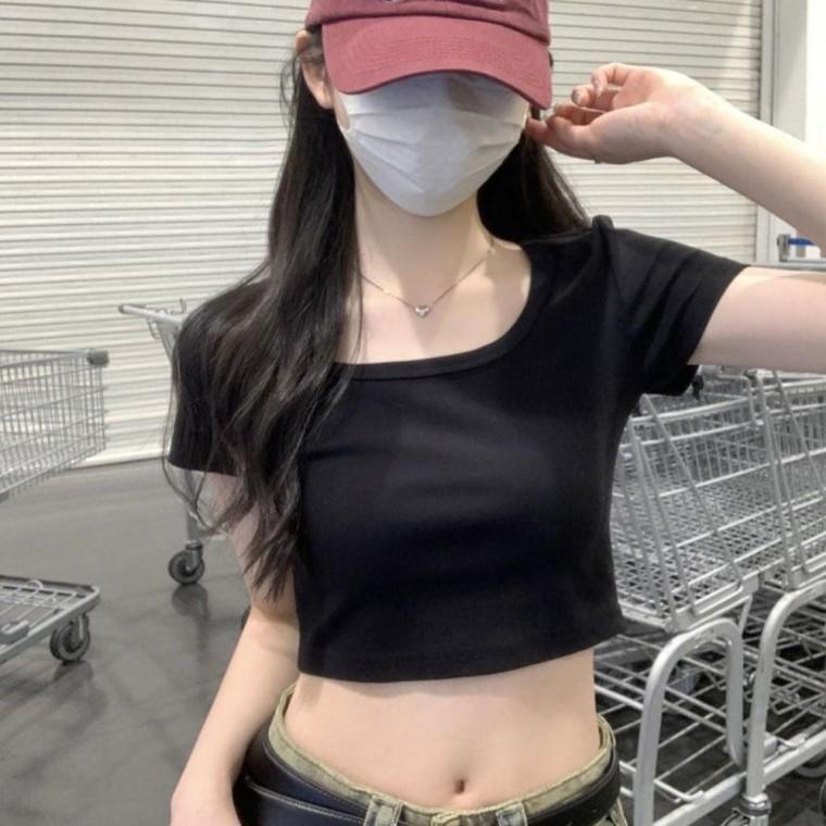 3컬러 U넥 소프트 슬림핏 데일리 무지 심플 크롭 반팔티셔츠