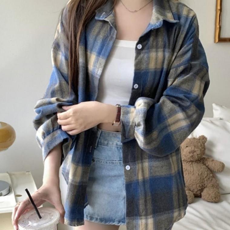 여성 봄 소프트 가을 체크 셔츠 긴팔 남방 블루