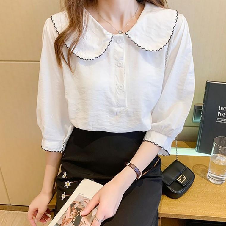 러블리 여성 외출 출퇴근 빅 카라 쉬폰 7부 블라우스