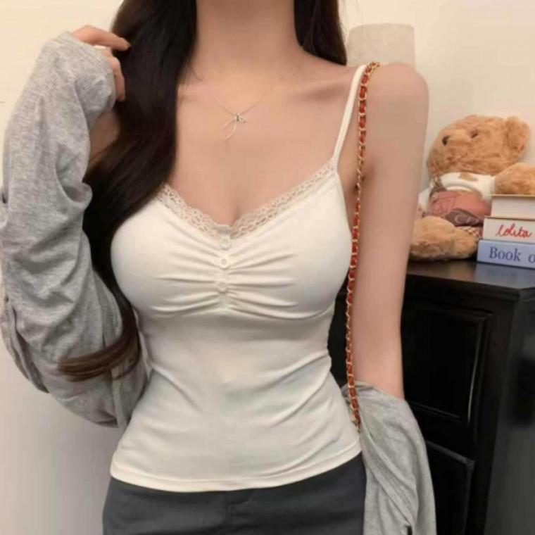 여성 이너 슬림핏 티셔츠 캡내장 셔링 레이스 끈나시