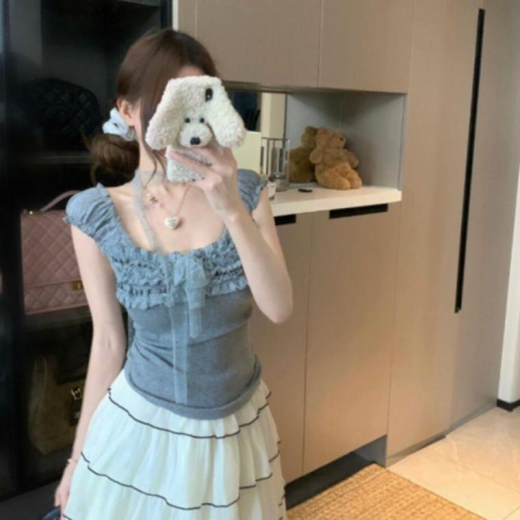 여성 밴딩 프릴 셔링 리본 스트링 오프숄더 티셔츠