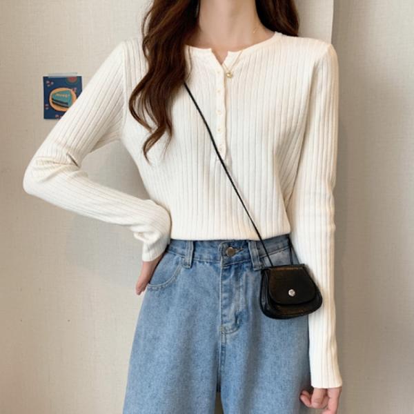 여성 3컬러 라운드넥 버튼 캐주얼 니트  DHH-L36