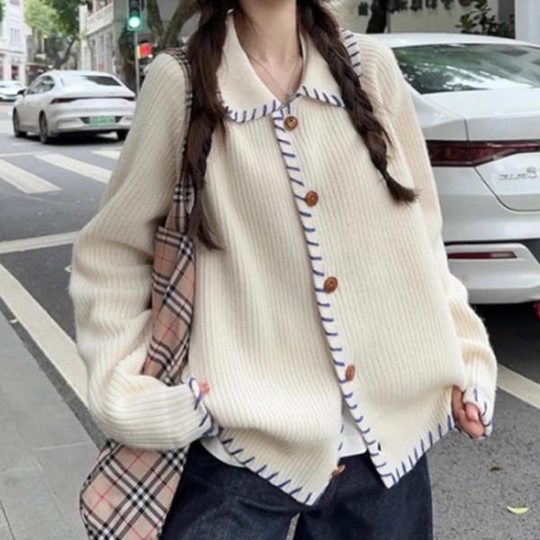 여성 스티치 포인트 카라 배색 니트 가디건  DHH-L37