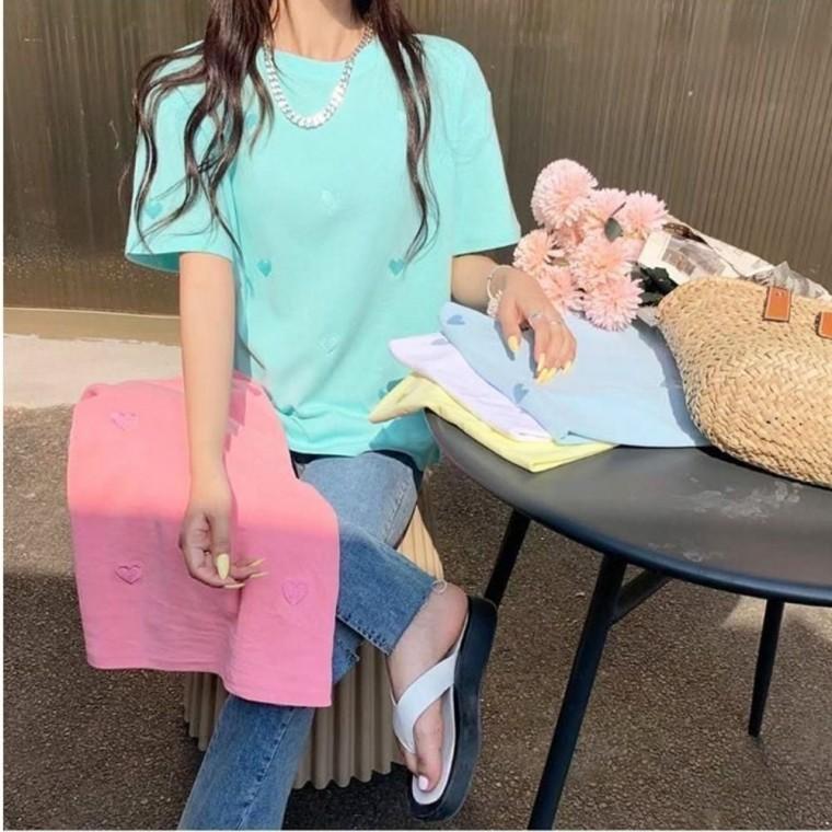 썸머티셔츠 여자반팔티 프린트티 여름반팔티 하트자수