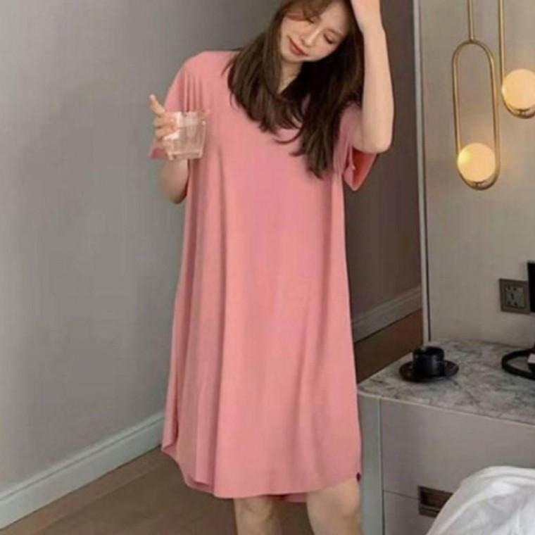 여성 와플 텍스처 반소매 원피스 잠옷 1P 루즈핏 가벼운 여름 파자마 홈웨어