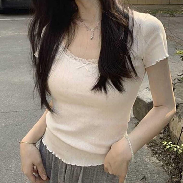 여성 펀칭 레이스 여름 반소매티 1P 데일리 캐주얼 티셔츠