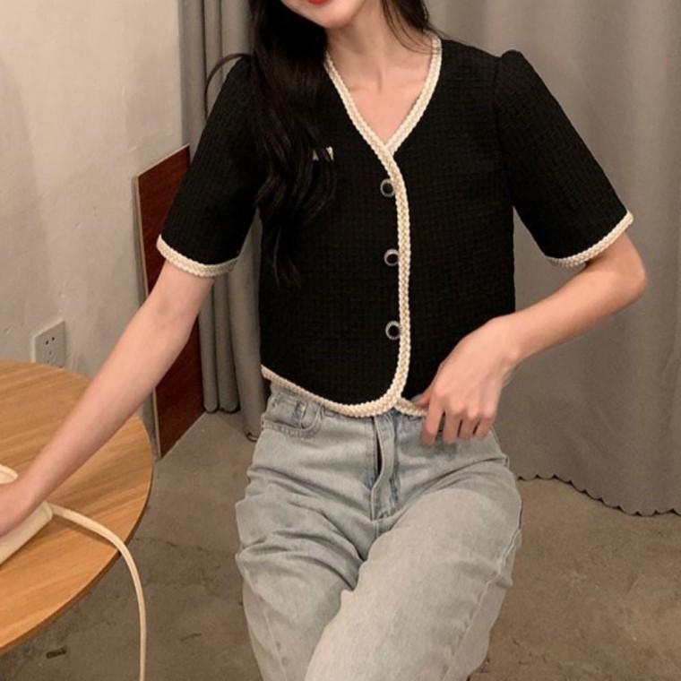 여자 세미 반팔 숏 재킷 크롭 자켓 노카라 V넥 여름