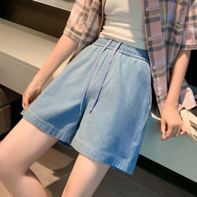 여성 데님 포인트 기본형 쇼츠 팬츠 1P 밴딩 체형커버 와이드 청반바지 여름