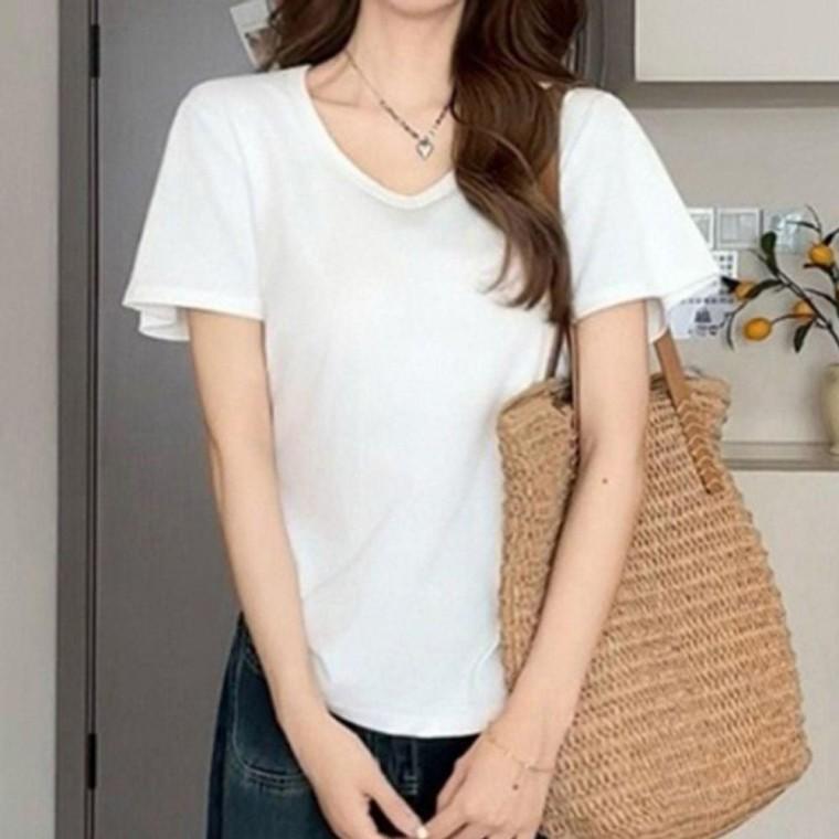 여성 부드러운 베이직 무지 반팔티 1P U넥 루즈핏 티셔츠 여름