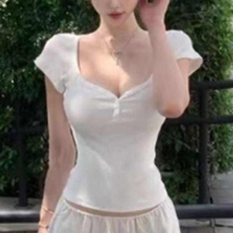 여성 스퀘어넥 버튼형 캡내장 크롭 반팔티 1P 쫀쫀한 노브라 티셔츠 여름