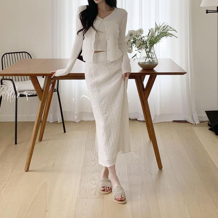 여성 레이스 펀칭 밴딩 H라인 롱 스커트 아이보리 봄 여름