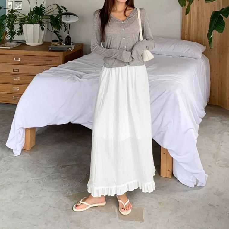 여성 밑단 프릴 밴딩 A라인 롱 스커트 화이트 아이보리 여름
