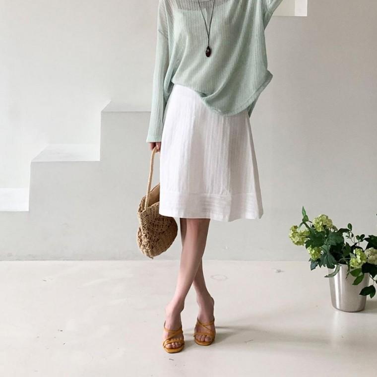 여성 코튼 요루 A라인 미디 스커트 화이트 아이보리 여름