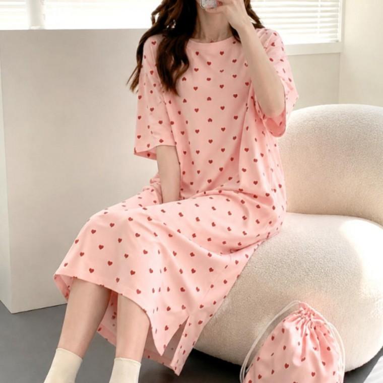 카툰 여성용 반팔 롱잠옷 여름 원피스 홈웨어