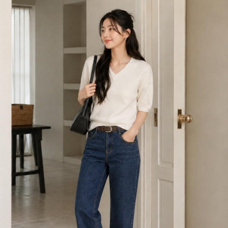 여성 슬림 간절기 베이직 데일리 브이넥 여름 반팔 니트