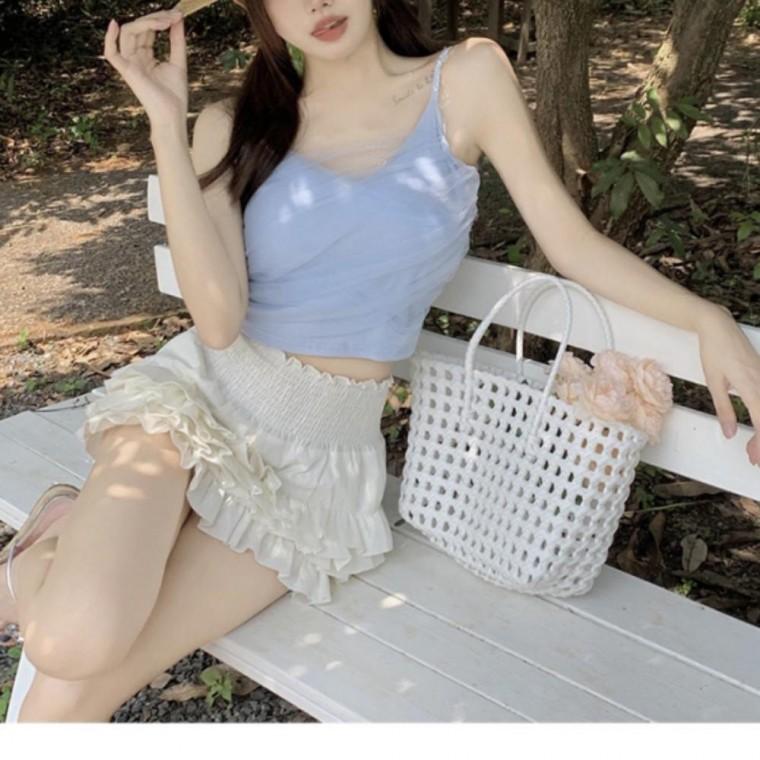 여성 여름 쉬폰 세미크롭 레이스 브이넥 민소매 나시
