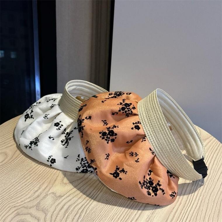 큰 챙과 조개 모양 꽃무늬가 있는 빈 탑 모자 여성용 여름용 접이식 햇빛 차단 및 자외선 차단 모자 자외선