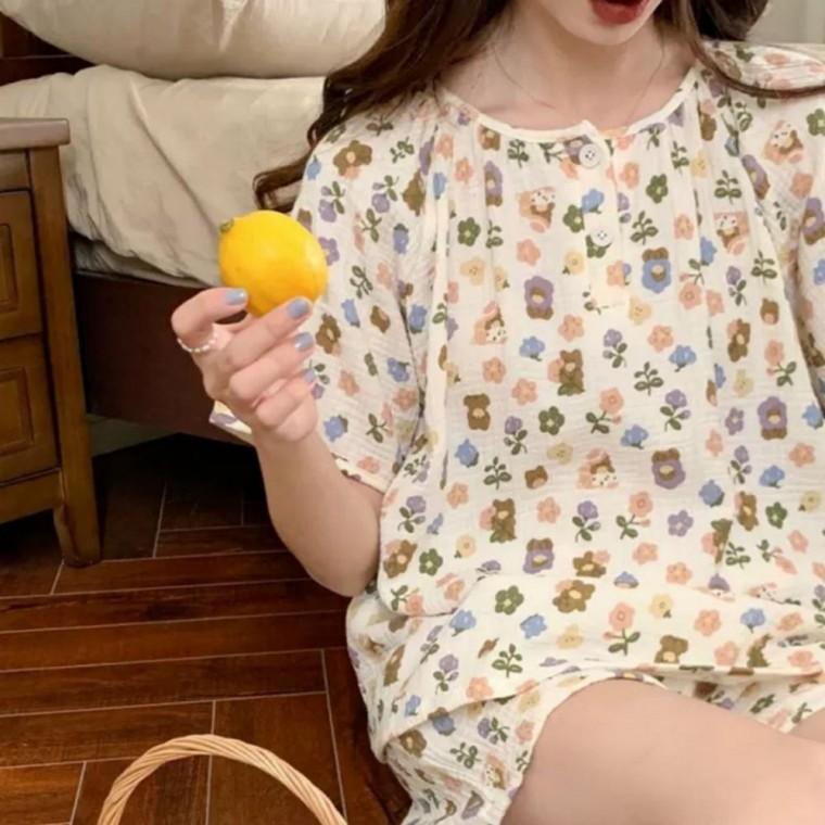 여성 여름 밴딩 잠옷 플라워 곰 홈웨어 파자마 세트