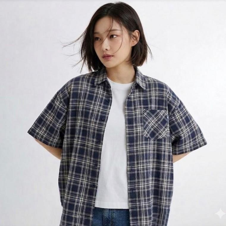 여성 여름 캐쥬얼 루즈핏 체크 반팔 남방 티셔츠
