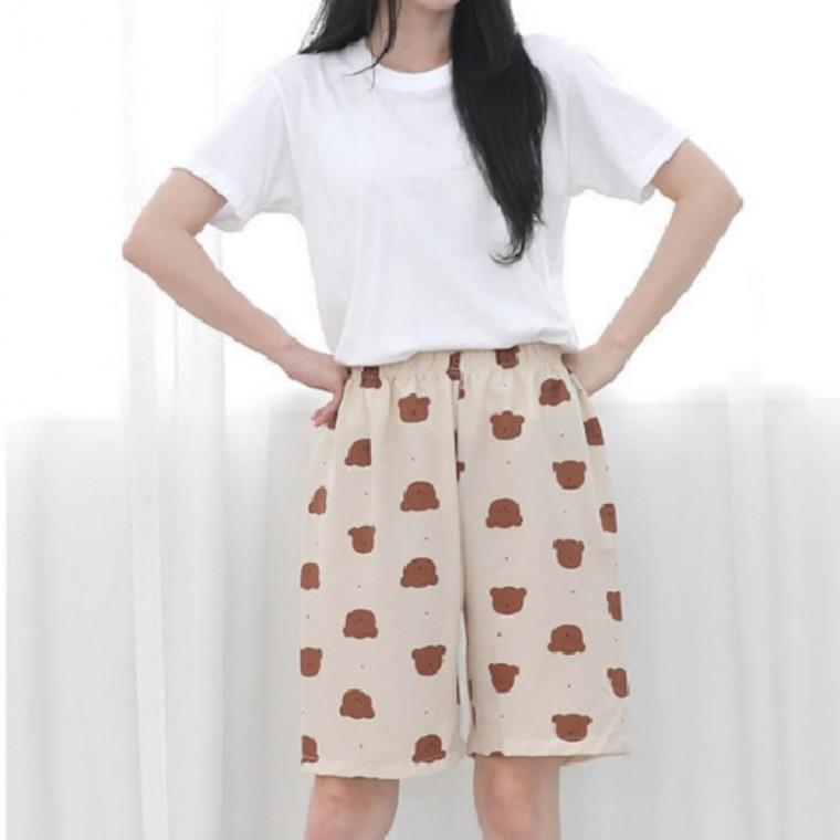 여성 포포면 5부 반바지 잠옷 파자마 여름 체크 곰돌이 데일리 라운지