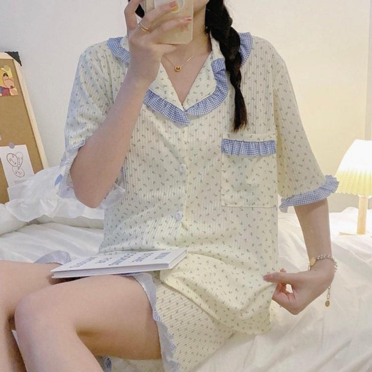 여름 여성 폴리잠옷 블루 세트 잠옷 파자마 예쁜 꽃무늬