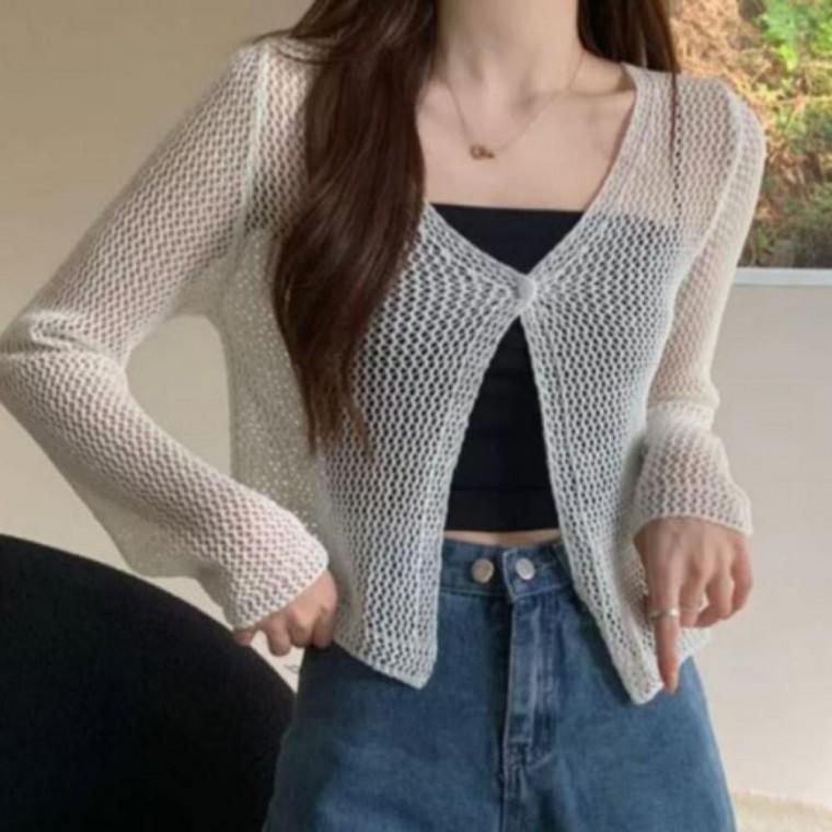 망사 크롭 루즈핏 니트 가디건 여름 겉옷 시스루 그물 볼레로 얇은 긴팔 바캉스 비치웨어 커버업 아우터