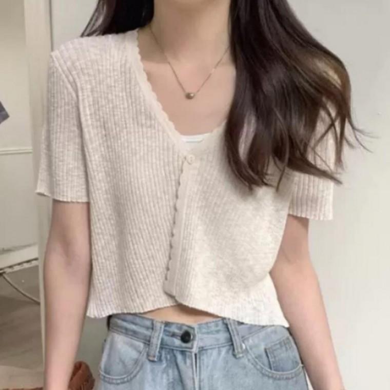여성 여리핏 시스루 크롭 가디건 골지 반팔 카디건 여름 뎨일리