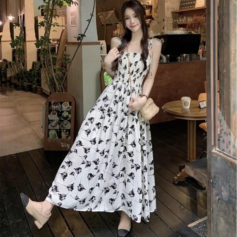 흰색 쉬폰 롱 원피스 꽃무늬 여름 나시 끈나시 바캉스 플라워