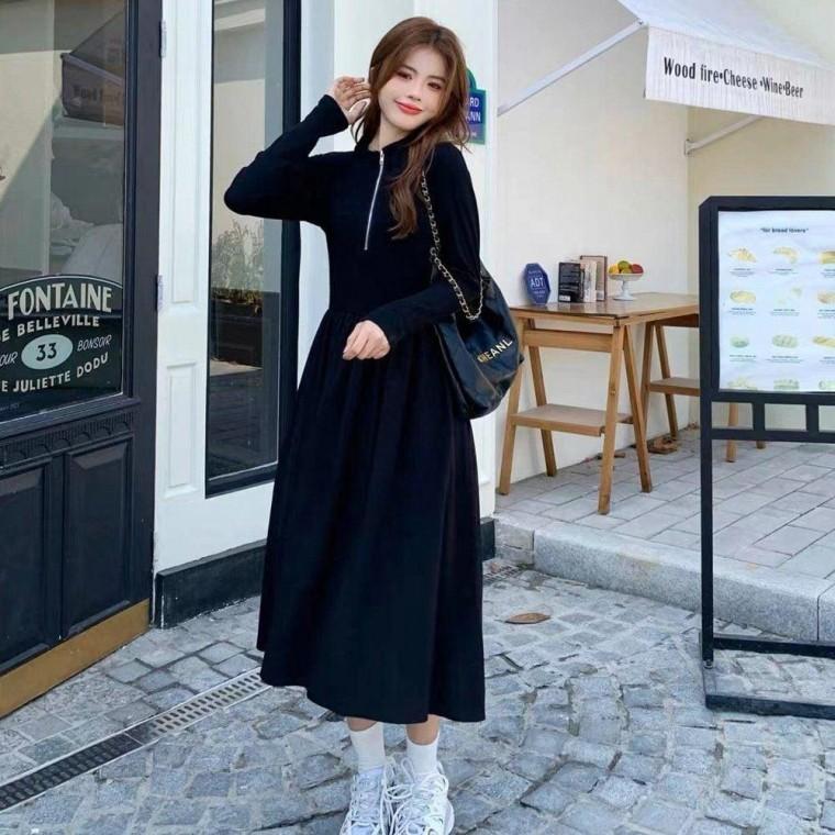 블랙 브이넥 롱 원피스 여성 반집업 A라인 편한 여름 셔츠