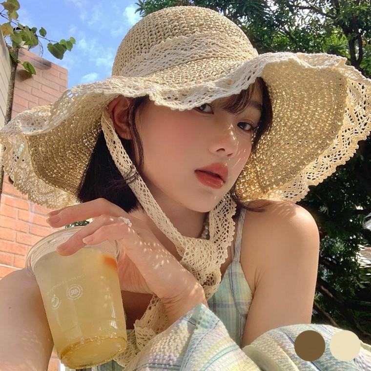 레이스 밀짚 버킷햇 여성 뜨개 벙거지 여름 휴양지 모자