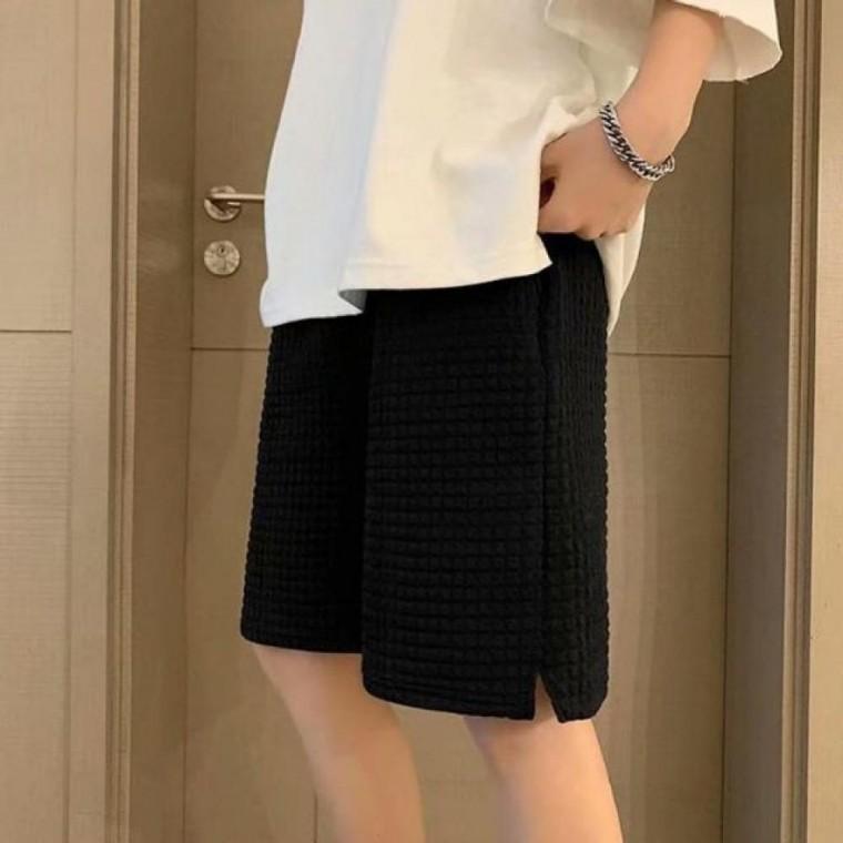 검정 와플 엠보 남성 5부 반바지 여름 밴딩 데일리룩 면바지
