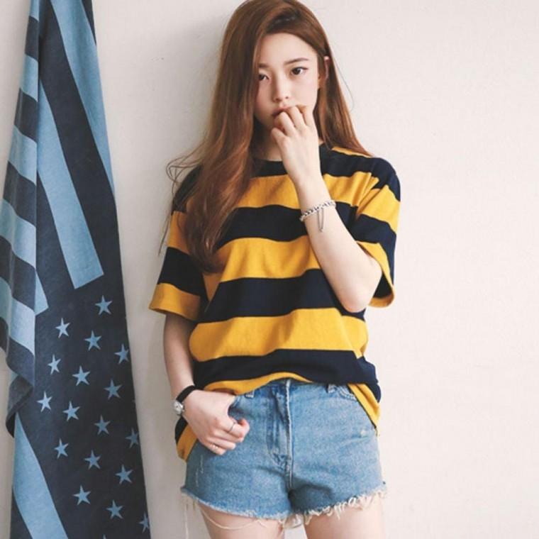 크롭티 여성반팔 스트라이프티셔츠 여성반팔티셔츠 크롭탑 여자여름옷 캐