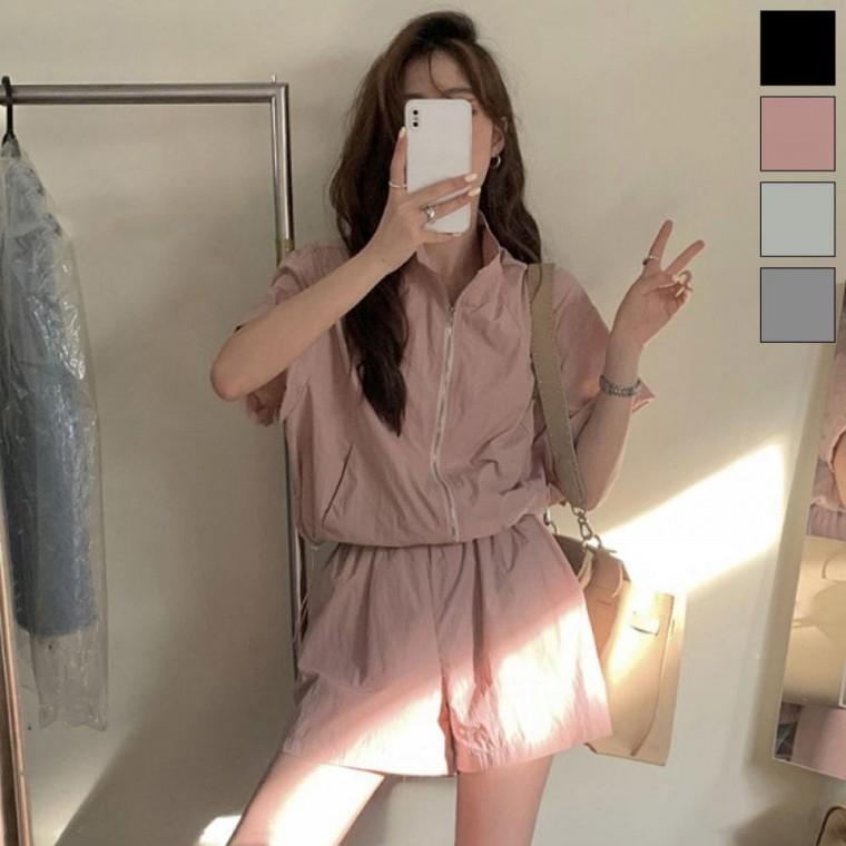 여성 반집업 트레이닝 반바지 세트 여름 캐주얼 투피스
