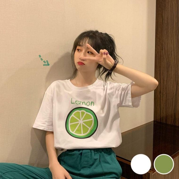 레몬 프린트 티셔츠 여성 흰색 여름 반팔티 라운드티셔츠 오버핏 여성상의