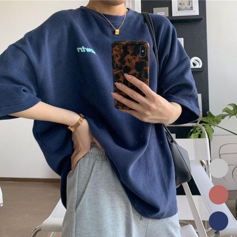 여성 네이비 오버핏 반팔티셔츠 여름 무지 기본티 루즈핏티셔츠
