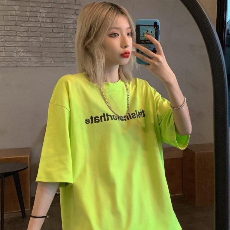 형광 연두색 여성 반팔 크롭티 여름 오버핏 기본면티