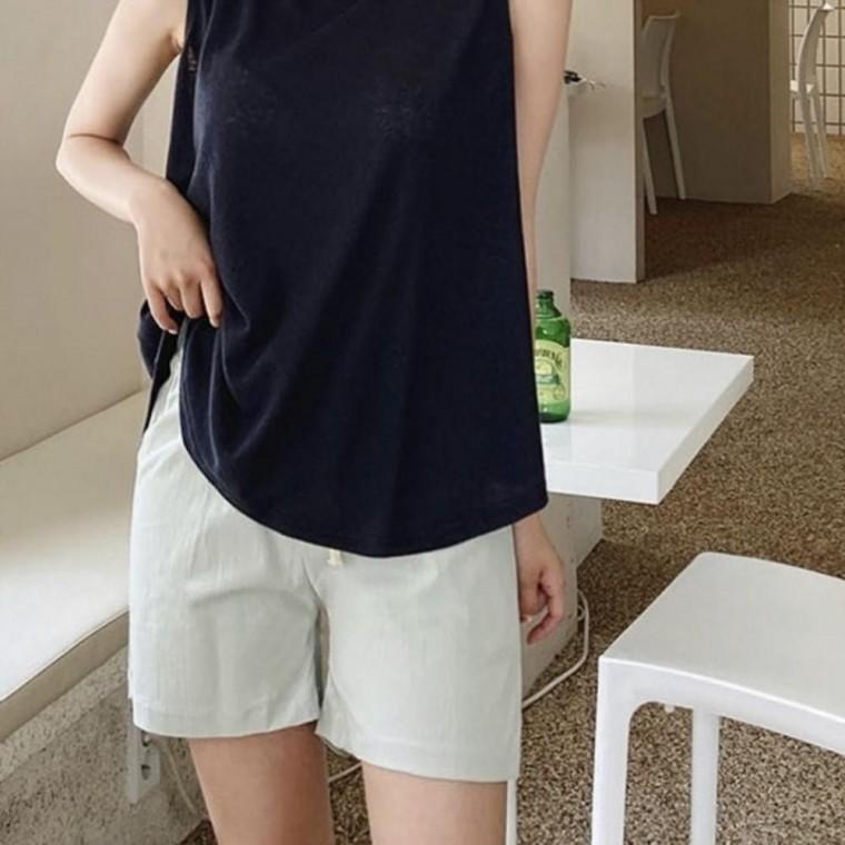 베이지 밴딩 반바지 캐주얼 스판바지 여성 데일리룩 여름