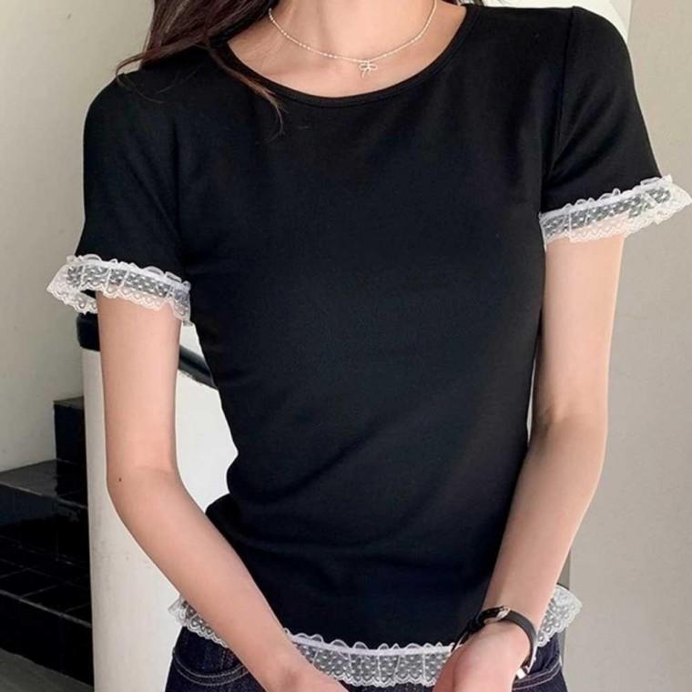여성 레이스 반팔티 여름 라운드넥 슬림핏 이너티셔츠 얇은