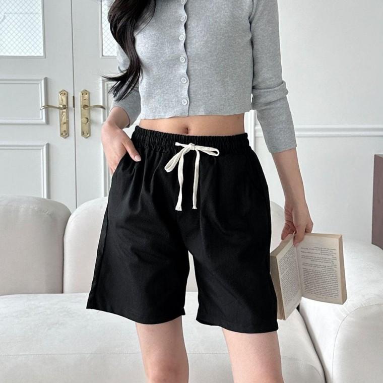 블랙 린넨 반바지 여성 조거팬츠 여름 편안한 캐주얼 고무줄 면바지