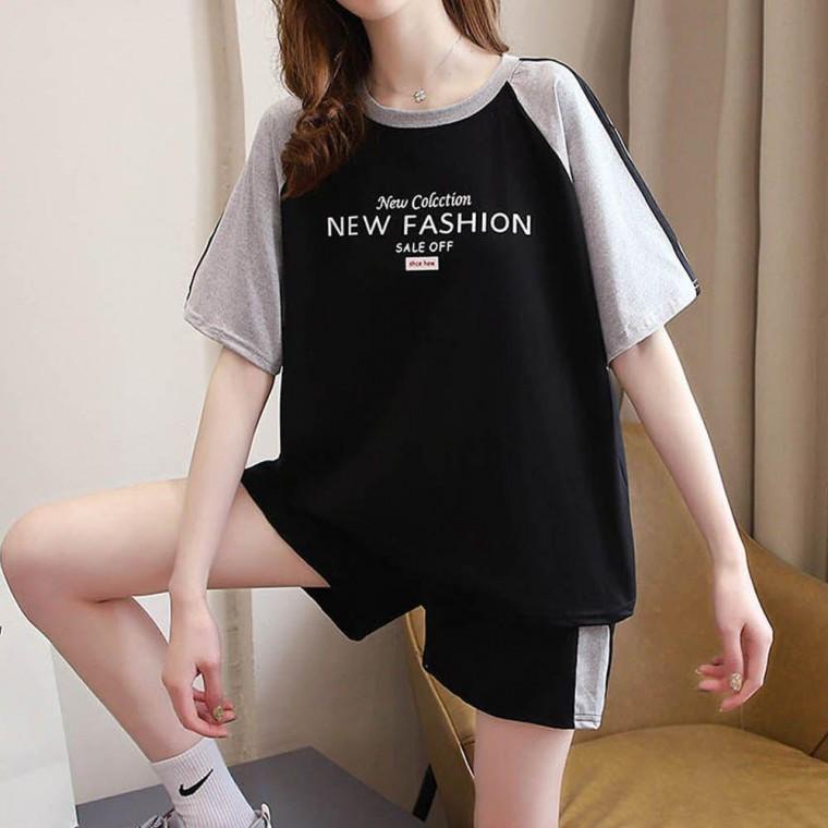 여성 블랙 레터링 트레이닝세트 여름 홈웨어