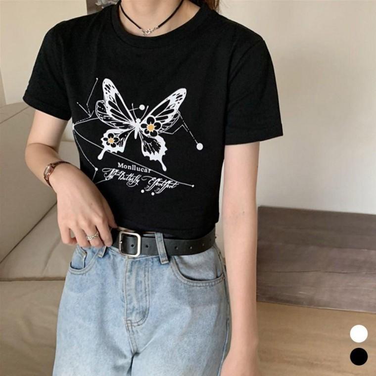 블랙 나비 프린팅 크롭티셔츠 여성 반팔티 여름용 편안한 데일리 크롭셔츠